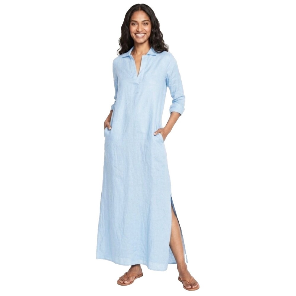NWT Pour Les Femmes Linen Light Blue Shirt Dress Medium Maxi- Belt Not Included